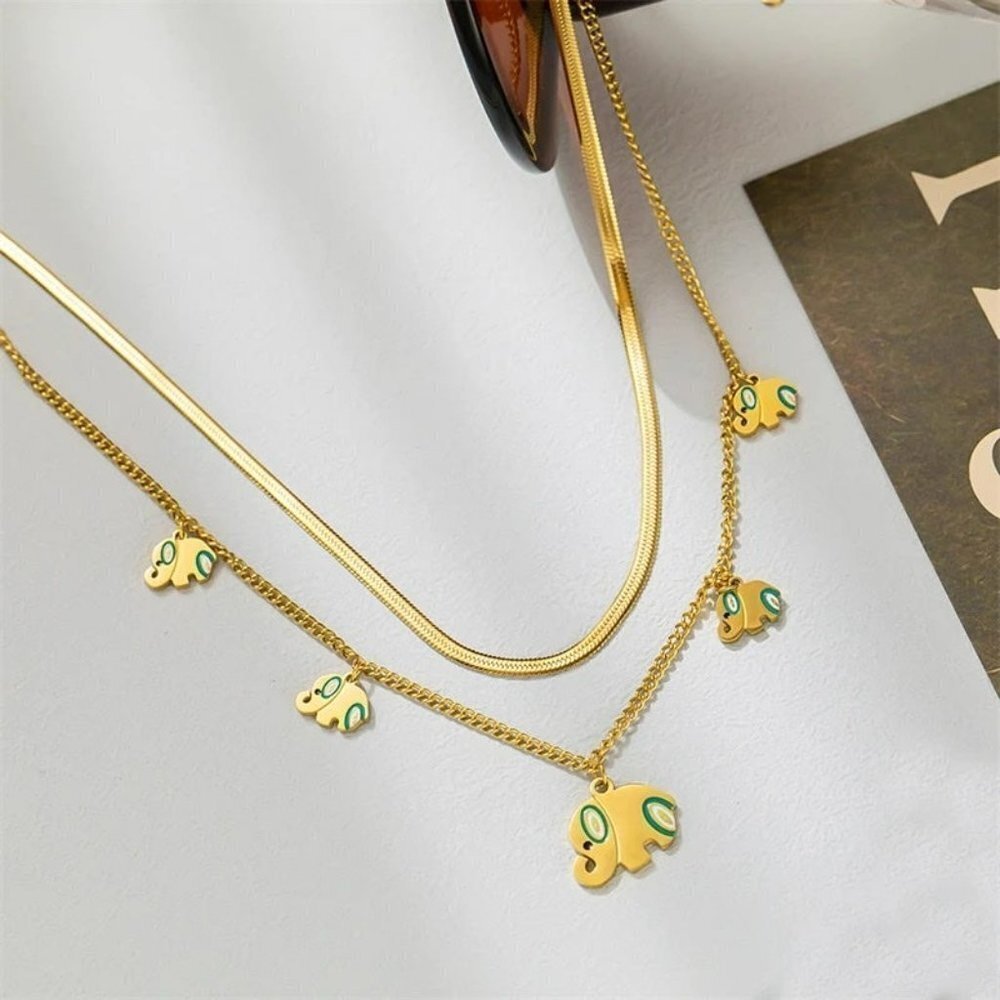 Color Drawing 5 Elephants Charm 2-Layer Choker Necklaces - Picture 6 of 6